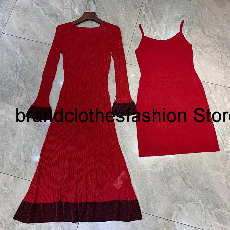 

Two Piece Black Red Fashion Contrast Edge Long Dress Women High Quality Slash-Neck Lightweight Flared dresses Lady 2021 Autumn