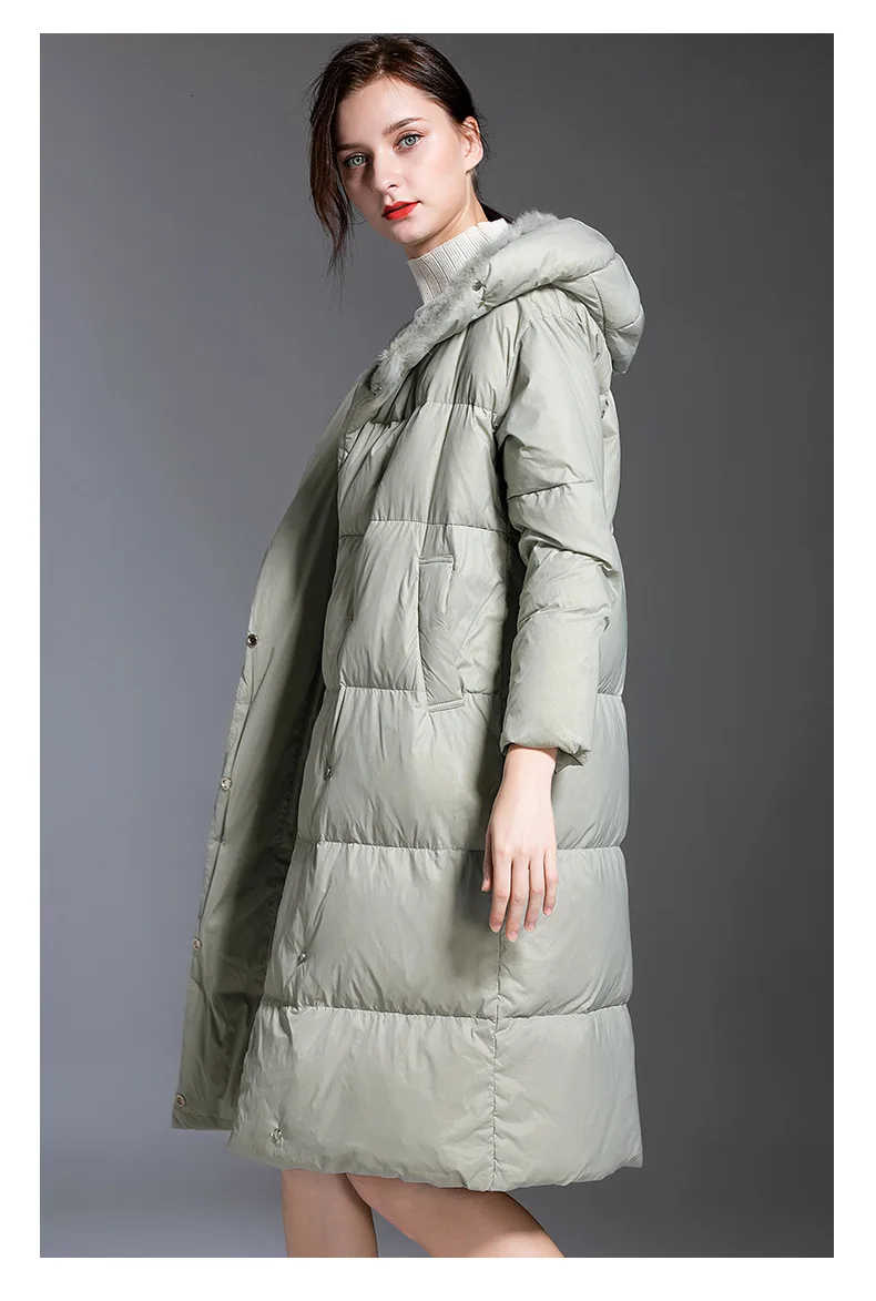 Over knee length down jacket female Euramerican style thick white duck down warm fashion down jacket hooded women 199007