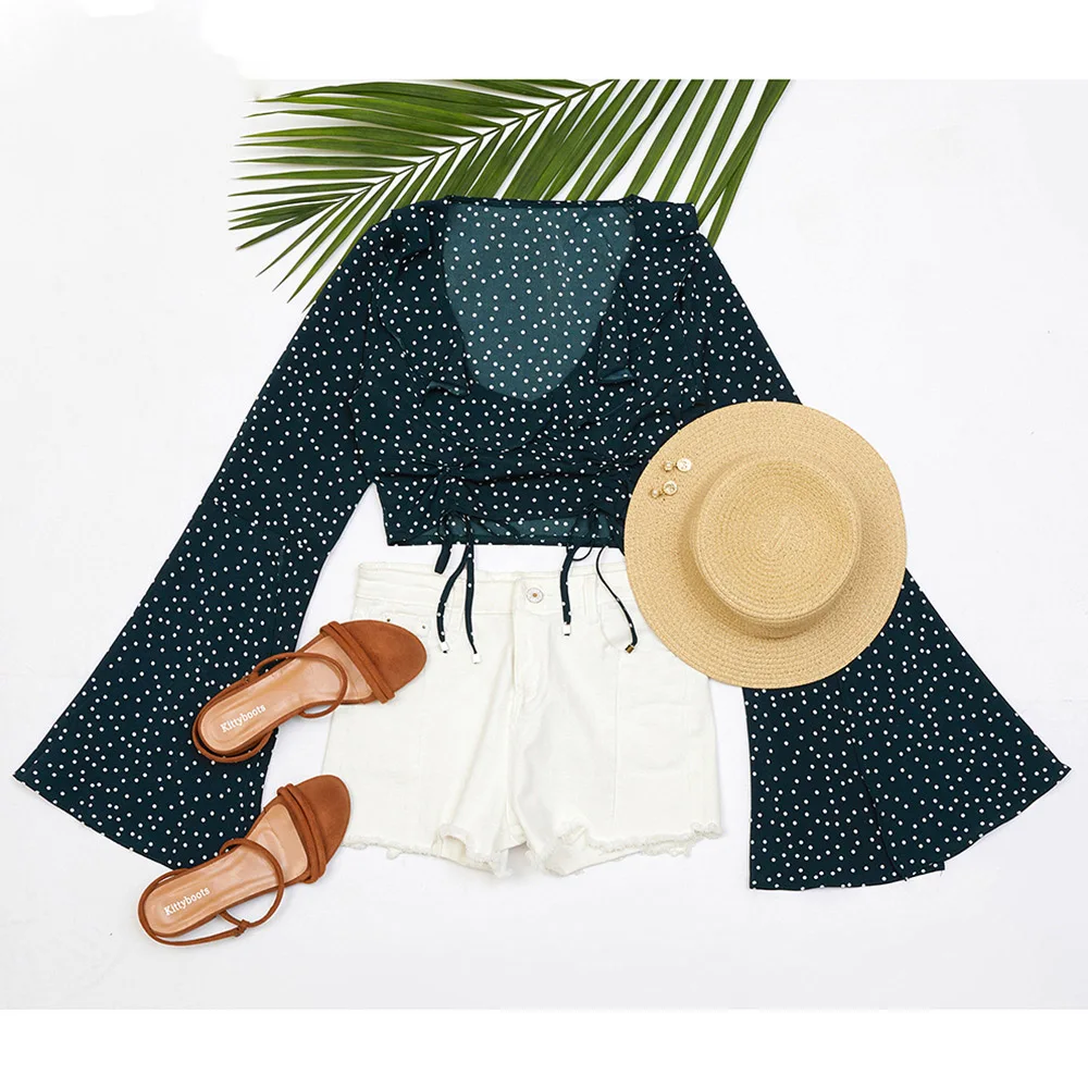 

Spring Women Chiffon T-Shirts Short Crop Top France Fashion Long Sleeve Shirts Female Streetwear Elegant Lady Polka Dot Tops