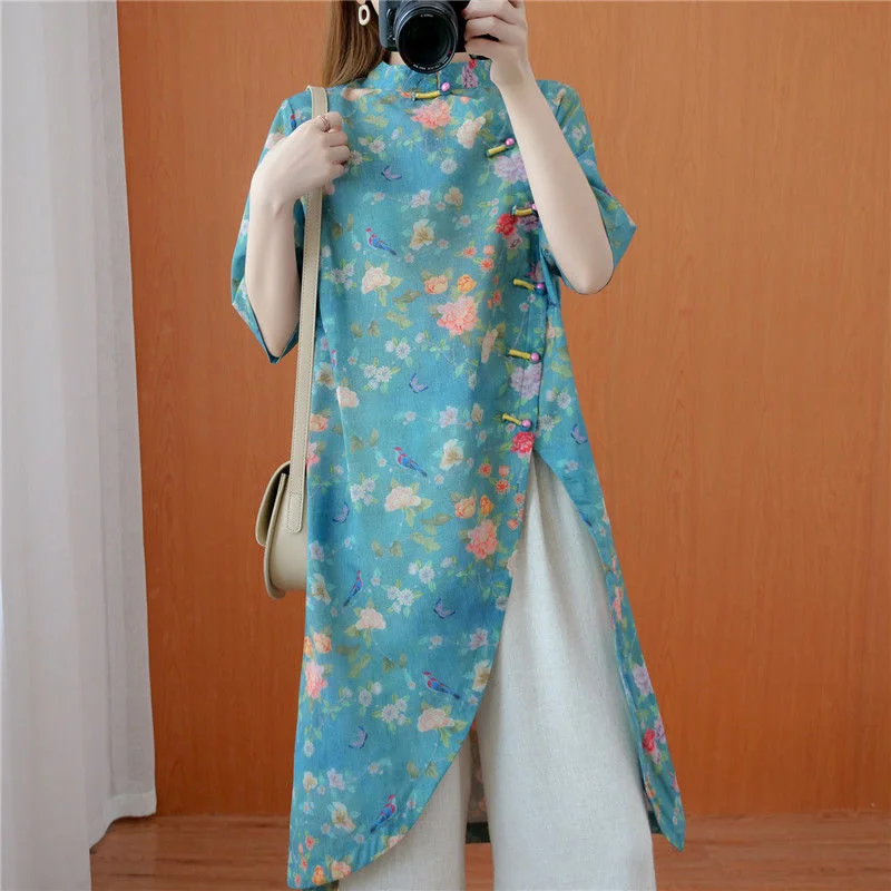 

Топы в китайском стиле чонсам, рубашка из хлопка и льна, новинка, женское винтажное платье Hanfu средней длины, необычное женское платье, Китай