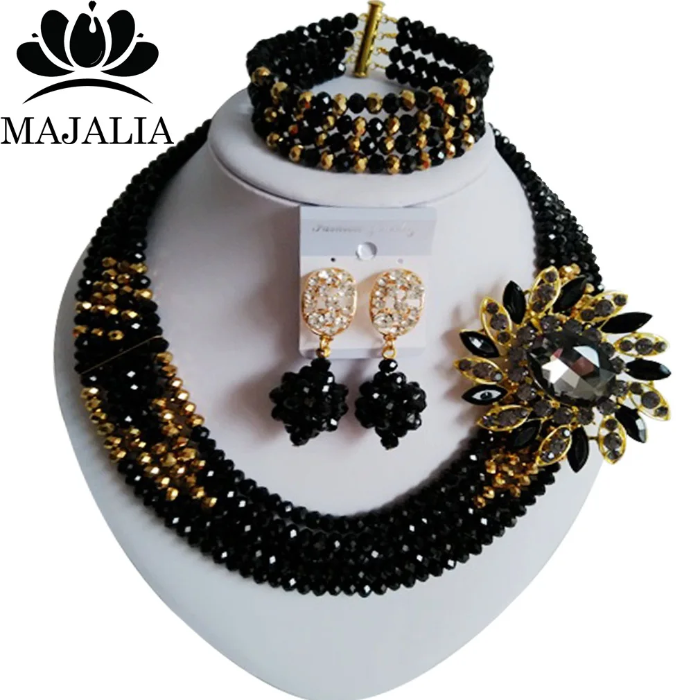 

Wedding Celebration Nigeria Wedding Bride Black Crystal Bead Necklace Wedding Jewelry African Banquet Prom Jewelry Set SJ-14