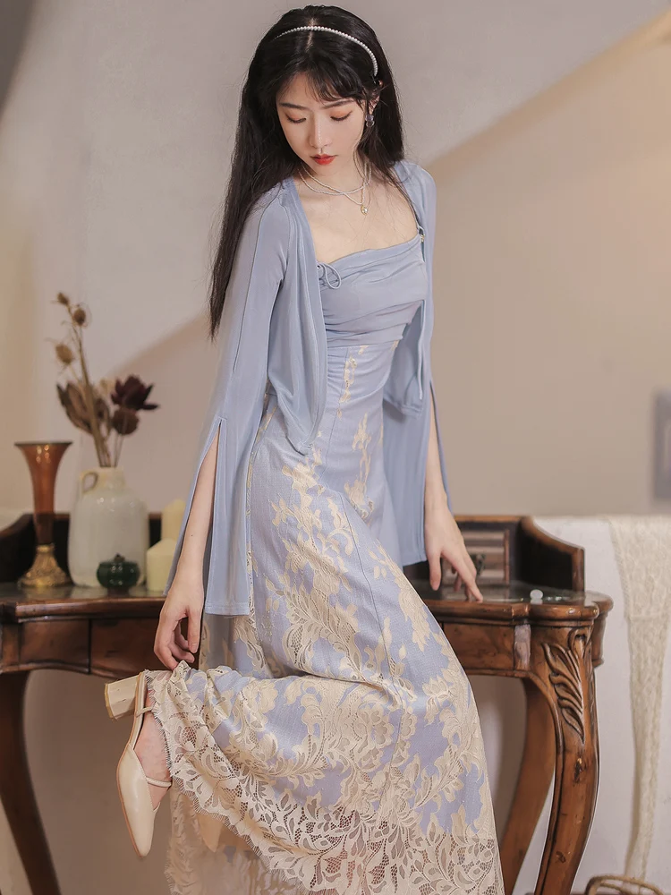 

High Sense Women Two Piece Set Blue Long Sleeved Chic Slit Gentle Blouse+Sexy Hollow Back Square Collar Print Lace Sling Dress