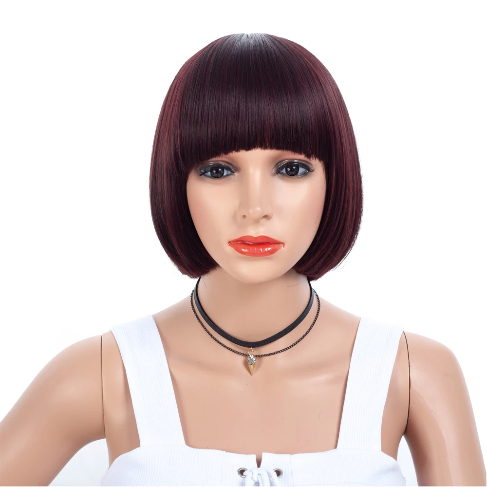 

14inch Straight Black Bob Wig With Bangs Synthetic Short Wigs for Women Heat Resistant Fiber Hair Cosplay Wig