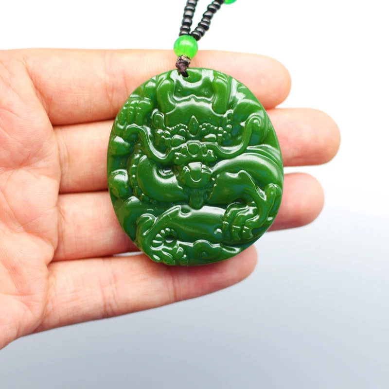 

CHINESE NATURAL GREEN JADE DRAGON PENDANT NECKLACE BEADS HAND-CARVED CHARM JADEITE JEWELRY FASHION AMULET FOR MEN LUCKY GIFTS