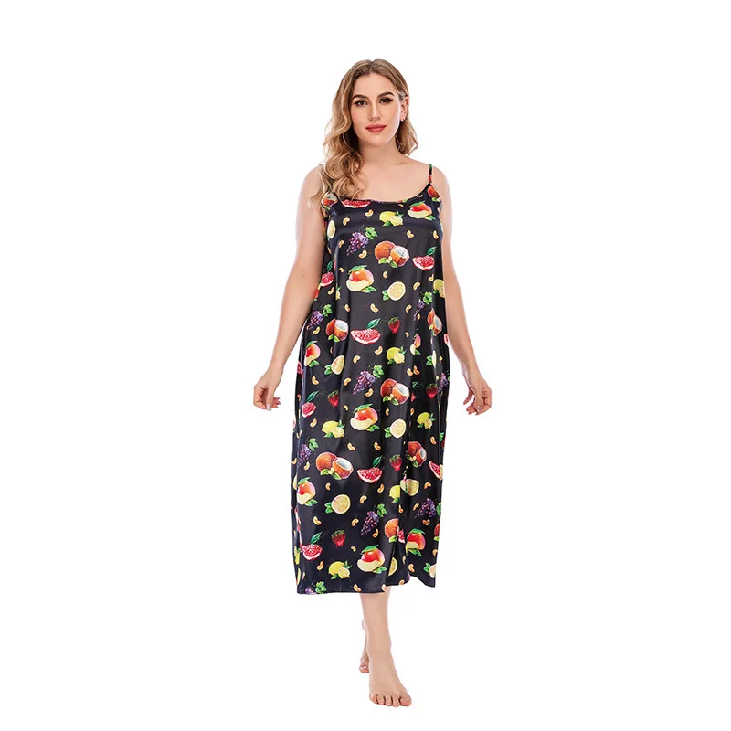 

Large size nightdress printed suspender silk dress can be worn outside