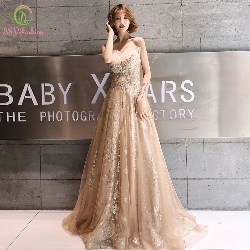 Женское вечернее платье с блестками SSYFashion длинное цвета шампанского открытыми
