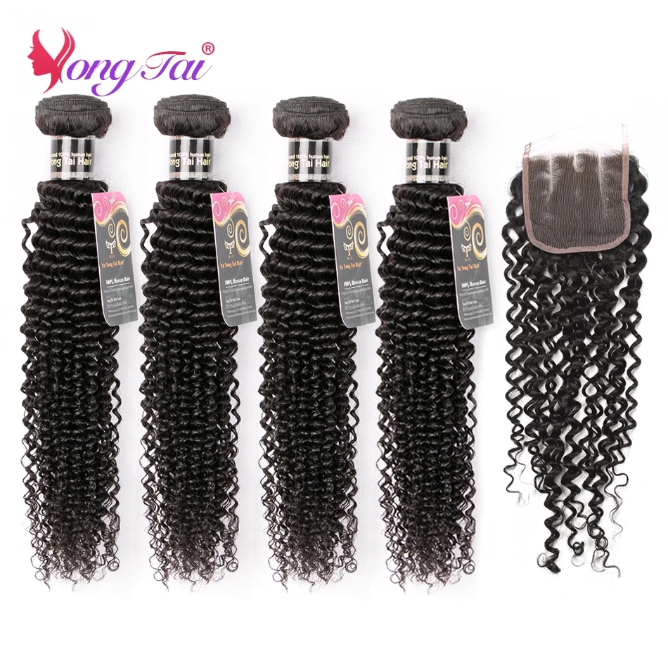 YuYongtai Malaysian Afro Kinky Curly Bundles With Closure 100% Human Hair Extension 4 Bundles With Lace Closure Non-Remy Hair