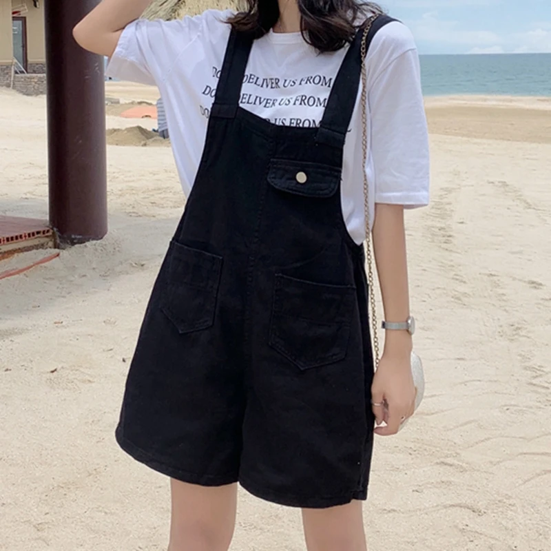 

Women's Jumpsuits Plus Size Denim Overalls Black High Waist All-Match Korean Preppy Style 2021 Summer Pocket Adjustable Overalls