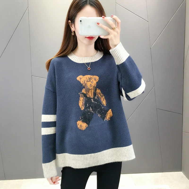 

женские пуловеры Harajuku Loose Pullover Sweater Female Fashion Cute Bear Tide Vintage Autumn Winter O-neck Knitwear Ins