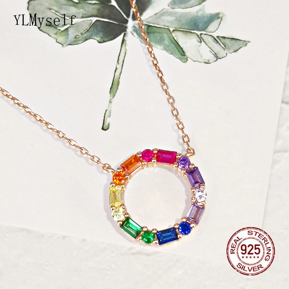 

Real 925 Silver Round Pendant With Rainbow Zircon Rose Gold Plate 40+3.5 cm Chain Pretty Choker Fine Jewelry For Women