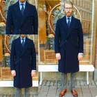 Высококачественные шерстяные мужские костюмы, плотные темно-синие мужские костюмы, двубортные блейзеры, деловые длинные пальто