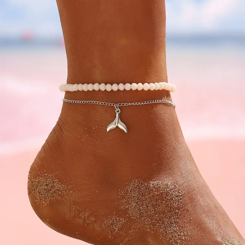 ALYXUY 2 шт./компл. ручной работы рыбий хвост белый ракушка кулон из бисера ножной браслет для женщин Регулируемый ножной браслет ювелирные изделия