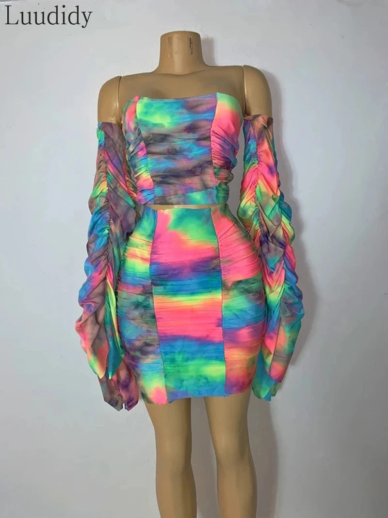 

Tie Dye Print 2 Piece Set Ruched Long Sleeve Flare Sleeves Off The Shoulder Tops & Mini Skirt Set