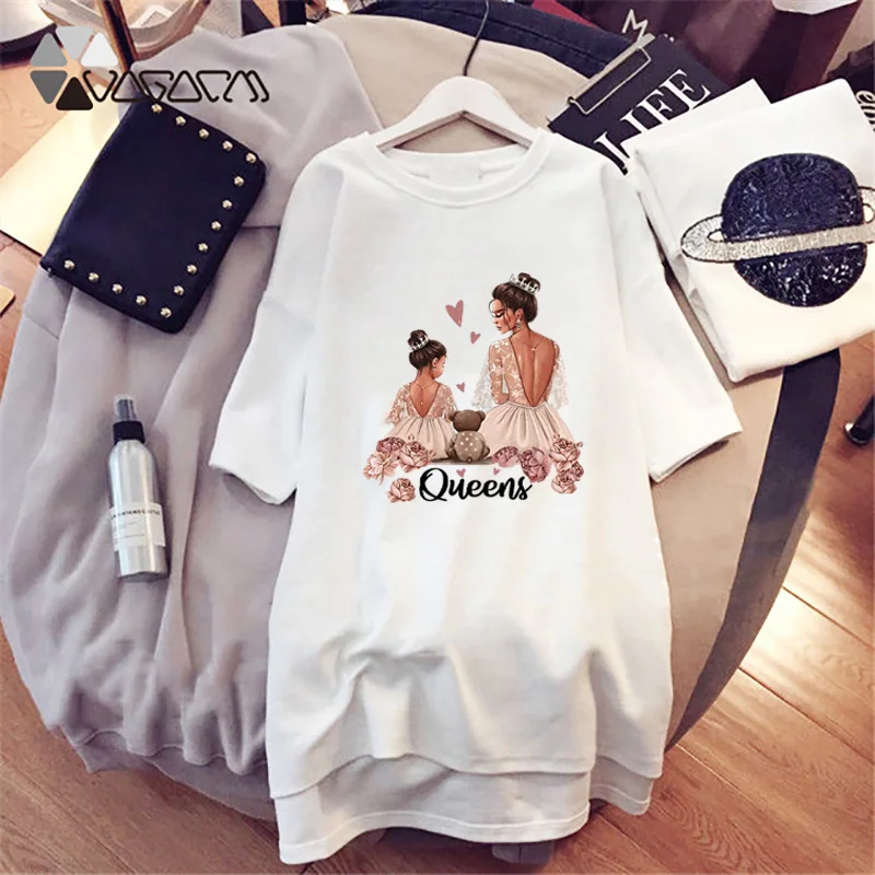 

2021 Women Cartoon Print Dresses Mom and Kids Short Sleeve Mini Dress Loose Straight T-Shirt Robe Femme Casual Vestidos Kawaii