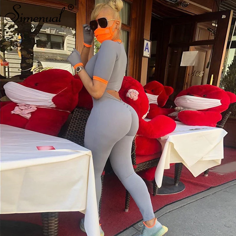 

Simenual Zipper Short Sleeve Women Jumpsuits Casual Sportswear Patchwork Skinny Cut Out Ruched Backless Outfits Summer Fashion