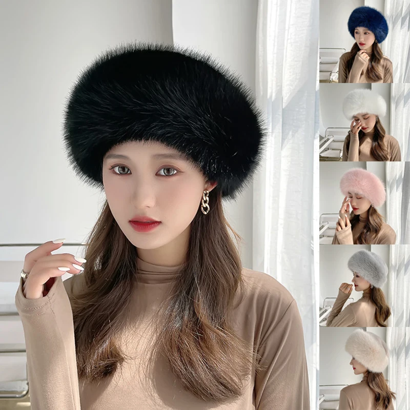 

Women Hats Lady Russian Tick Fluffy Faux Fox Fur Hat Headbands Earwarmer Winter Ski Hat Female Hats