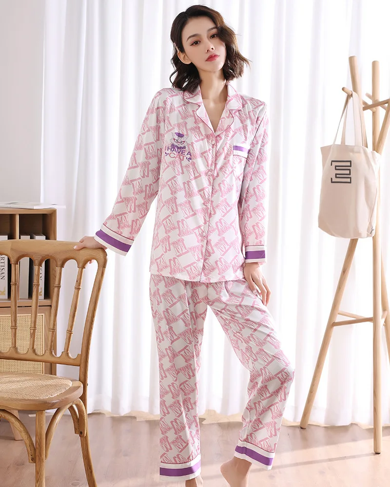 

Chemise De Nuit Femme Pink Spring Summer Schlafanzug Damen Long Sleeve Cute Printed Lounge Wear Homewear Pajamas Brief Sets