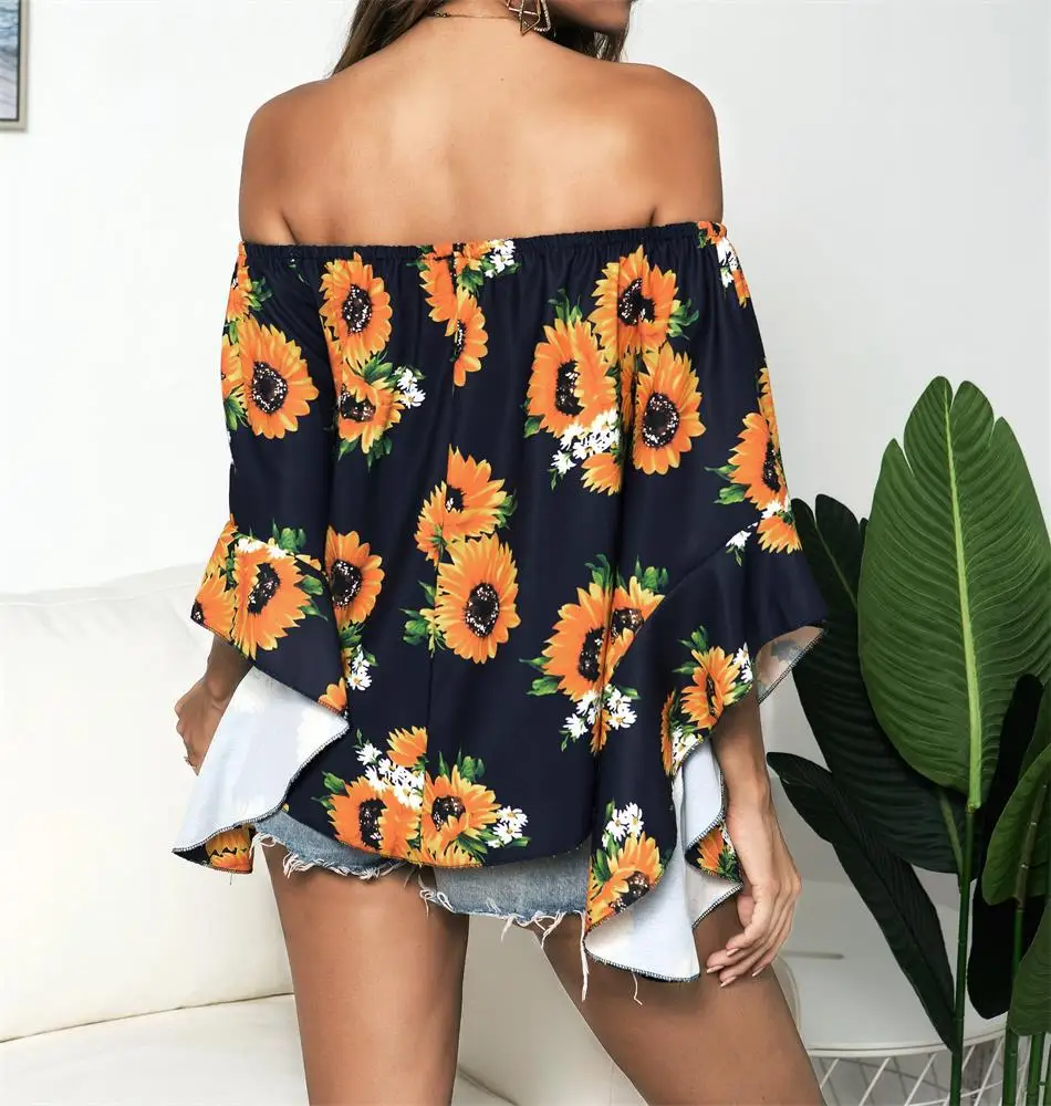 

Women Blouse Summer Sunflower Print Off Shoulder Blouse Casual Floral Printsleeve Loose Tops Clothes Femme Flare Sleeve 2020