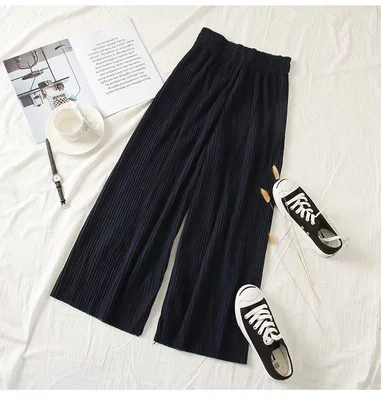 dark blue Новинка, корейские женские широкие штаны, свободные, высокая талия, одноцветные штаны, повседневные, вертикальные, мягкие, плиссированные штаны, брюки для женщин - Цвет: dark blue