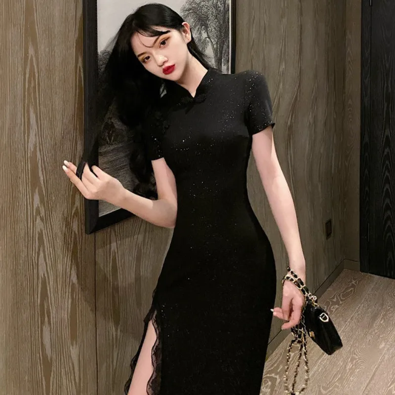 

Sexy Cheongsam New Luxury Style Fashion Sequins Lace Tight Thin Black Split Fork Long Dresses Chinese Vintage Princess Dress