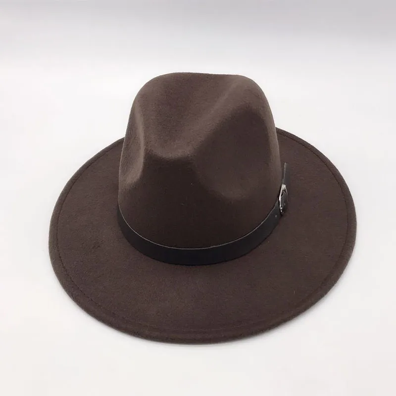 

Man Women Cap Big Brim Fedora British Style Vintage Woolen Hat Jazz Hats Fashion Belt Autumn Winter