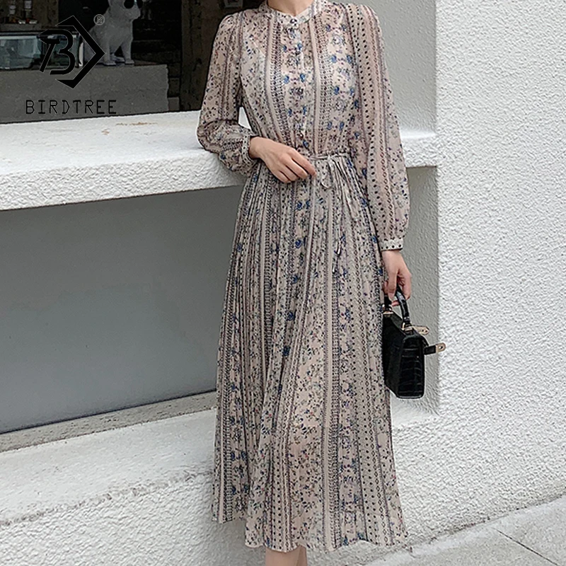 Женское шифоновое платье с круглым вырезом длинным рукавом|Женские платья| |