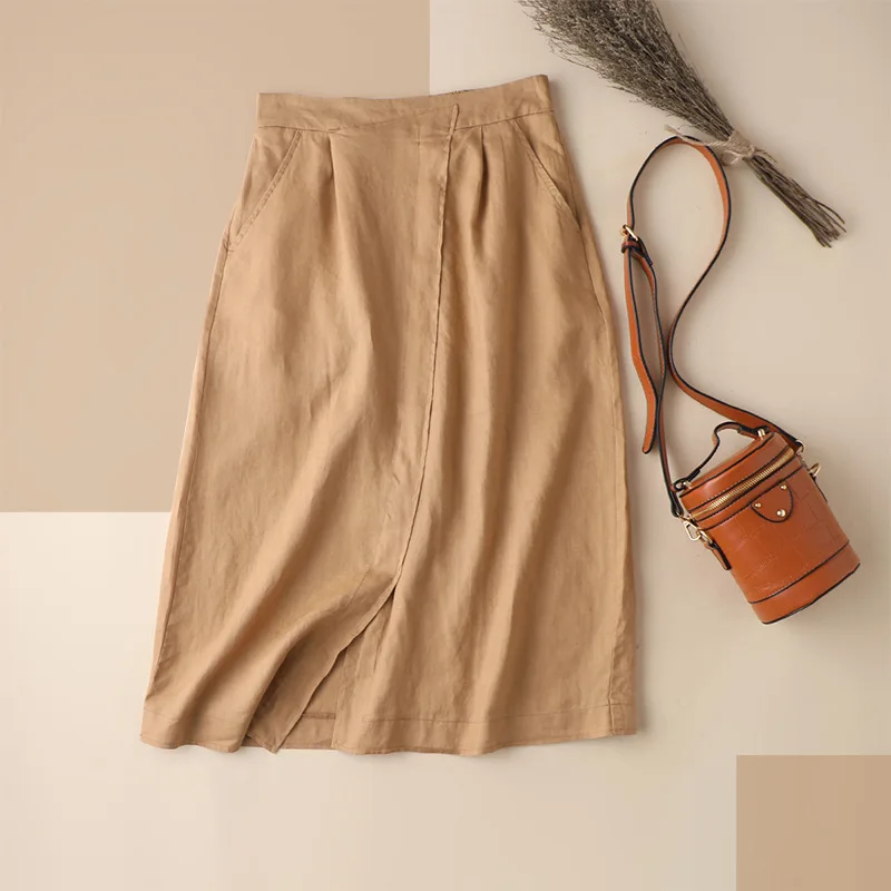 

SHUCHAN Linen Office Lady Skirts Womens 2021 A-Line Mid-Calf Solid Empire Skirts for Women Faldas Mujer Moda