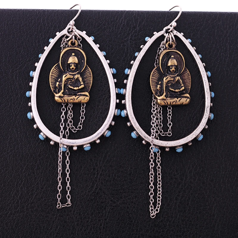 Женские винтажные серьги подвески в виде Будды серебряного цвета из античного