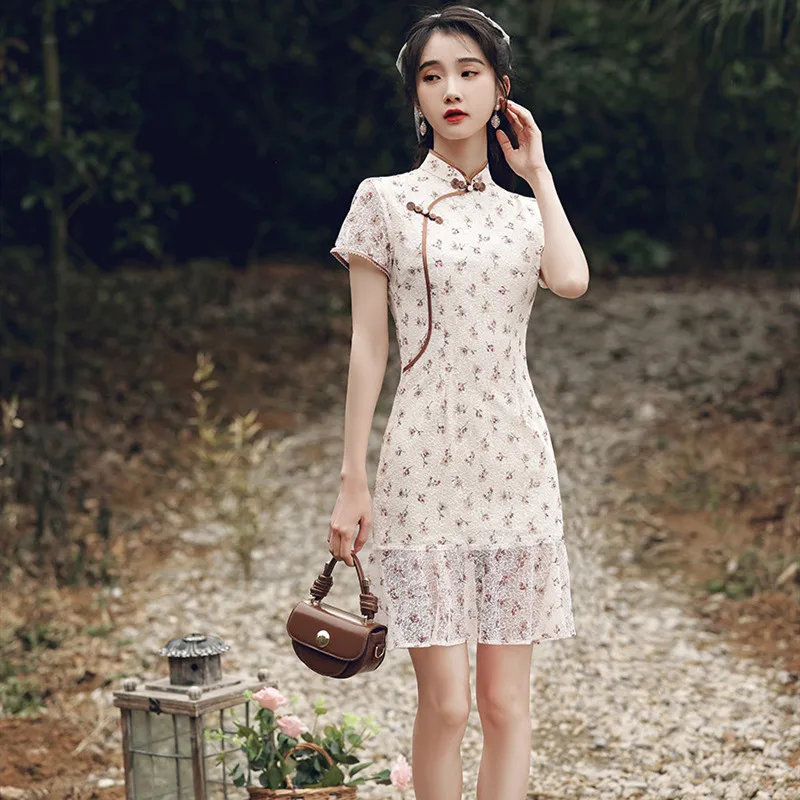 Женское винтажное шифоновое платье-Ципао с юбкой-годе традиционное элегантное
