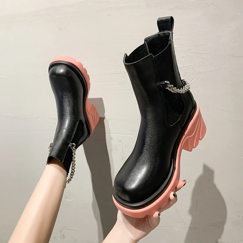 NYBYCACL Women Ankle Boots Med Heel Platform Non Slip PU Leather Soft Short Boots Shoes Round Toe Slip on Boots