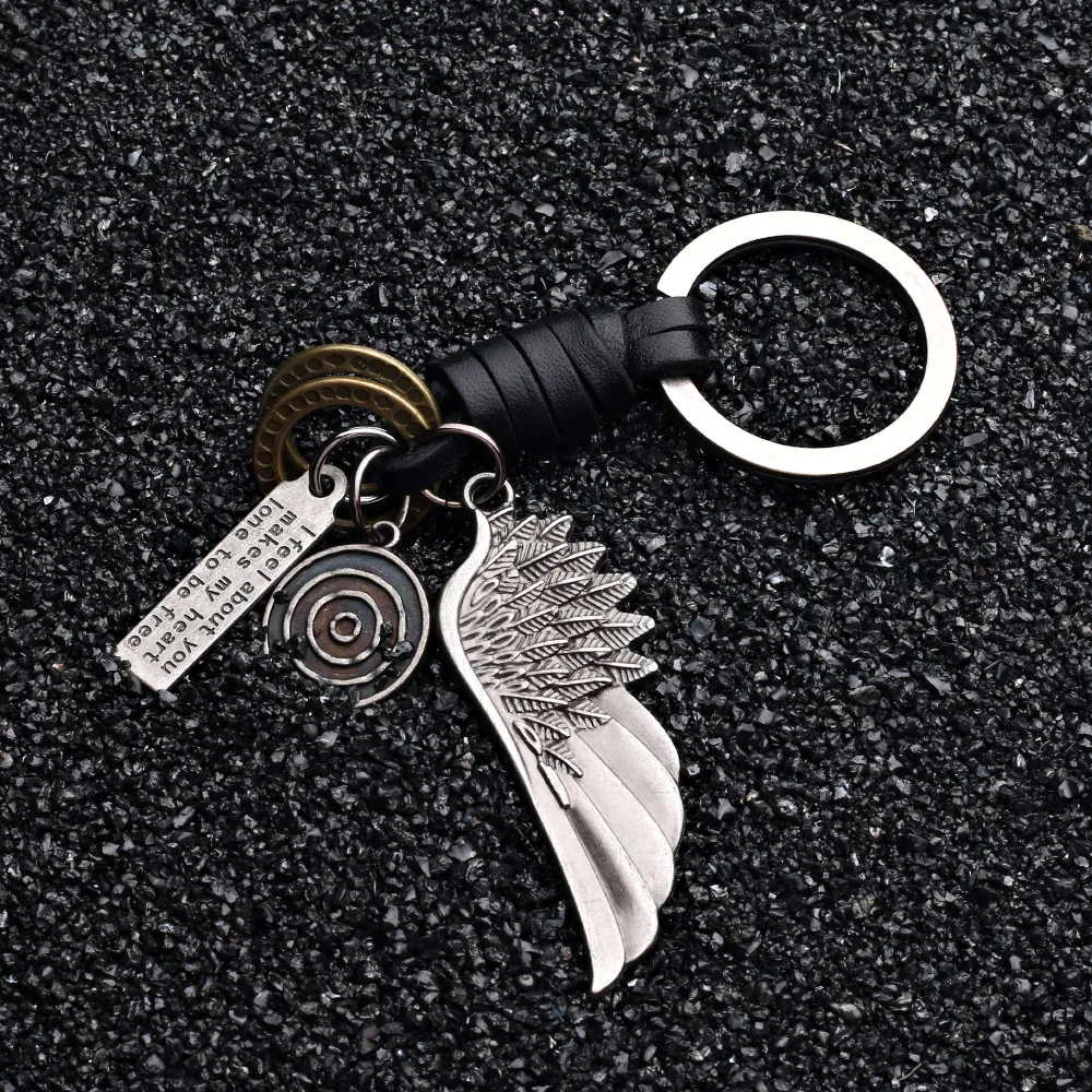 

2021 Fashion Jewelry Vintage silver Genuine Leather wings Keychain charm jewelry Handwork weave Alloy Accessories Men Key Chain
