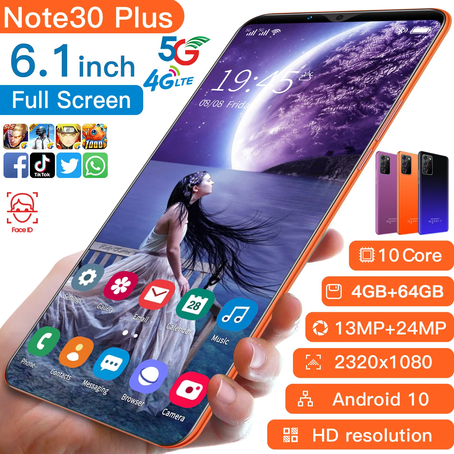

Note30 Plus Cheap Smart Phone 2021 New 4+64GB 13+24MP 1080*2320 Andriod 10 Cellphones 4800mAh Face ID MTK6889 Mobile Phone