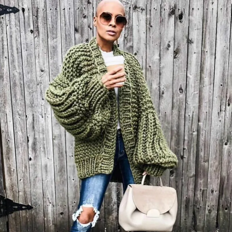 2022 осень-зима плотный вязаный кардиган свитера сексуальные с пышными рукавами