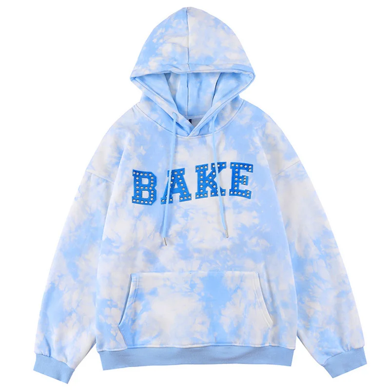 

Men Harajuku Tie Dye Rhinestone Letter Print Fleece Hoodie Coat Winter Oversized Cotton Unisex Retro Thick Warm Hoodies Pullover