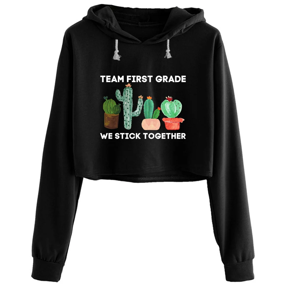 

Cactus Team Teacher First Grade Team Crop Hoodies Women Kawaii Goth Grunge Harajuku Pullover For Girls