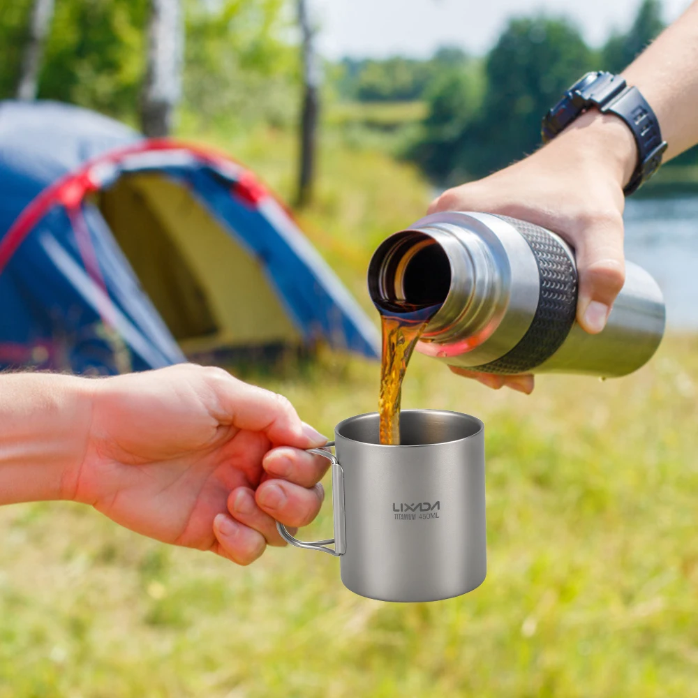 

Lixada 220ml / 450ml Titanium Double Wall Cup Dorable Water Coffee Tea Cup Mug with Foldable Handle For Picnic Camping Hiking