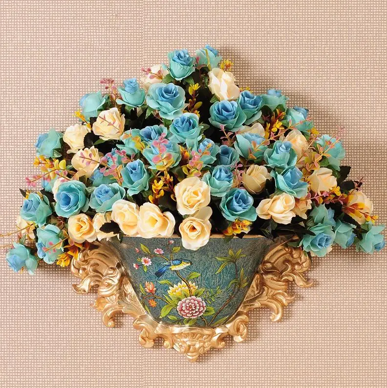 

European Retro Resin Wall Vase+Artificial Flower Set Decor Home Livingroom Furnishing Decoration Crafts Porch Hotel Wall Pendant