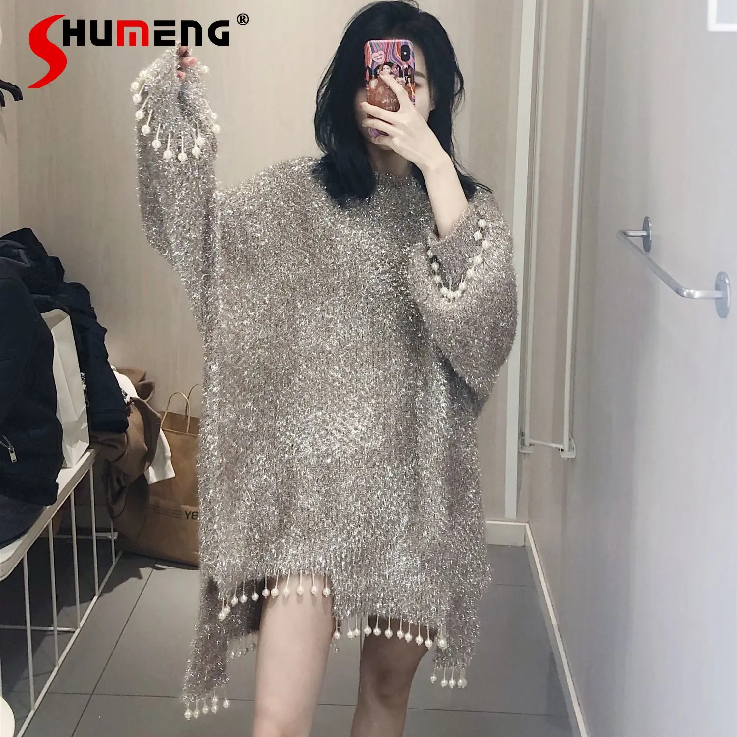 

Женский Яркий шелковый пуловер с бахромой и бусинами, свитер средней длины, Новинка осени 2022, свободный шелковый трикотаж в стиле Харадзюку ...