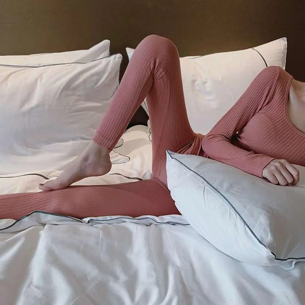 

2021 Women Spring Warm Top + Leggings Pants Skinny Thermal Underwear Set Pink Purple Scoop Neck Ribbed Ladies Female Home Outfit