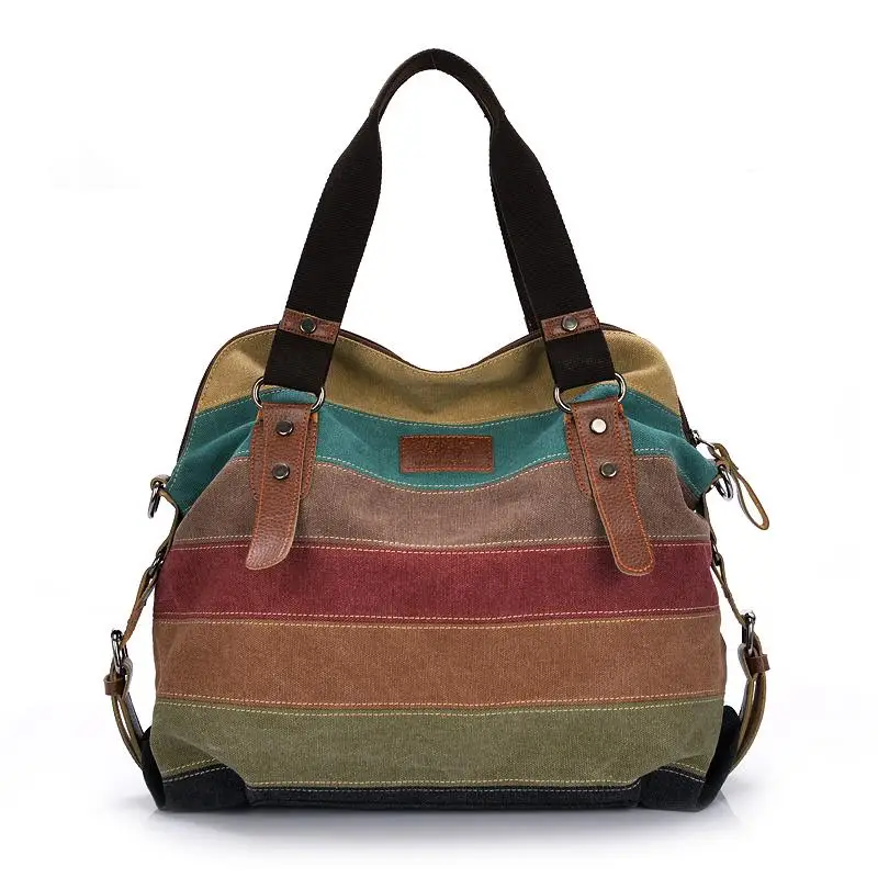 

Canvas Totes Striped Womens Handbag 2020 Patchwork Rainbow Shoulder Bag Fashion Female Casual Crossbody Bag