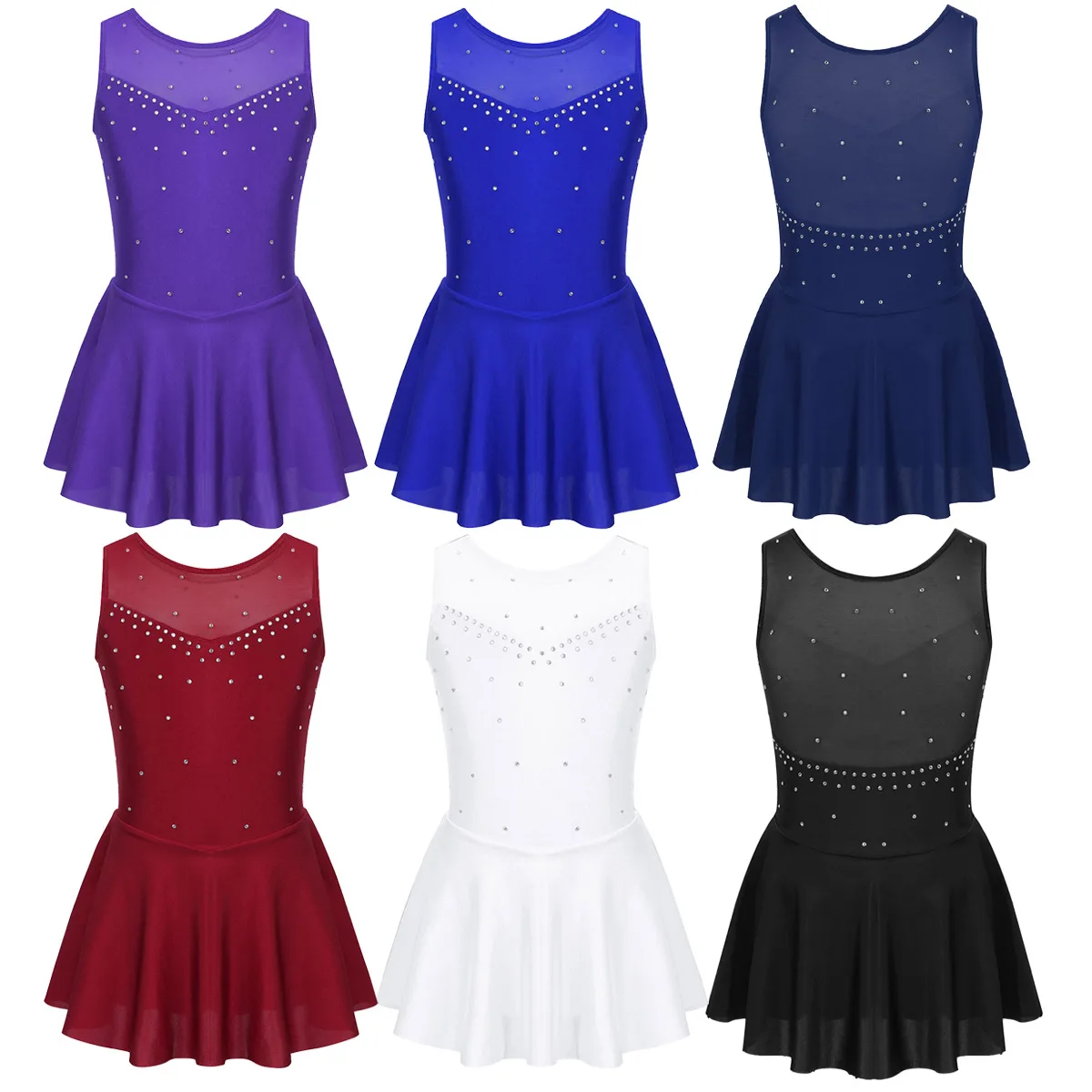 FEESHOW Kids Girls Ballet Dance Figure Ice Skating Roller Leotard Dress Costume Rhinestone Tulle Back Top Mimi Skirt | Детская одежда и