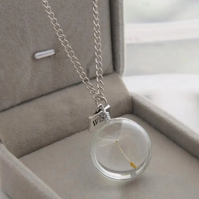 

Ожерелье женское из натурального одуванчика, ожерелье со стеклянными образцами, лента с подвеской желаниями бренда, регулируемое модное ин...