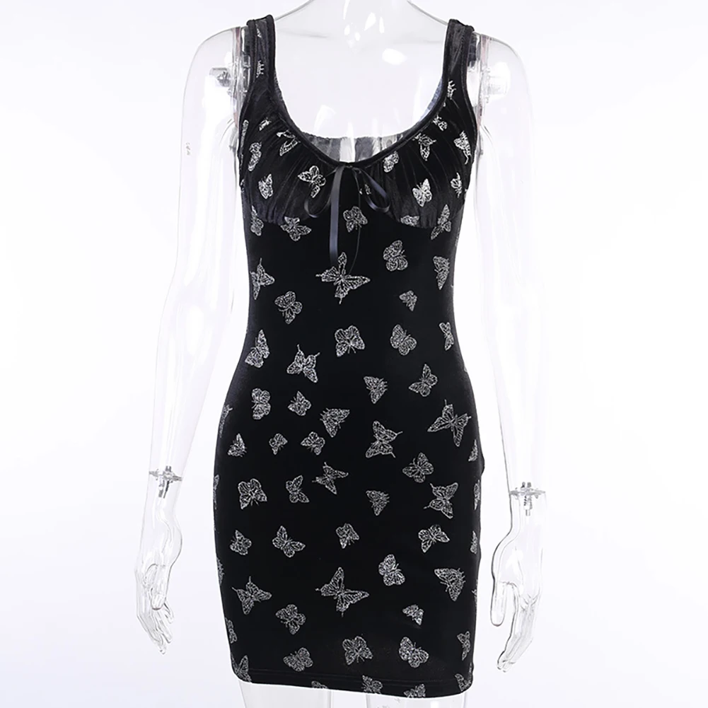 

Women Gothic Butterfly Printed U-neck Sleeveless Backless Spaghetti Strap Dress