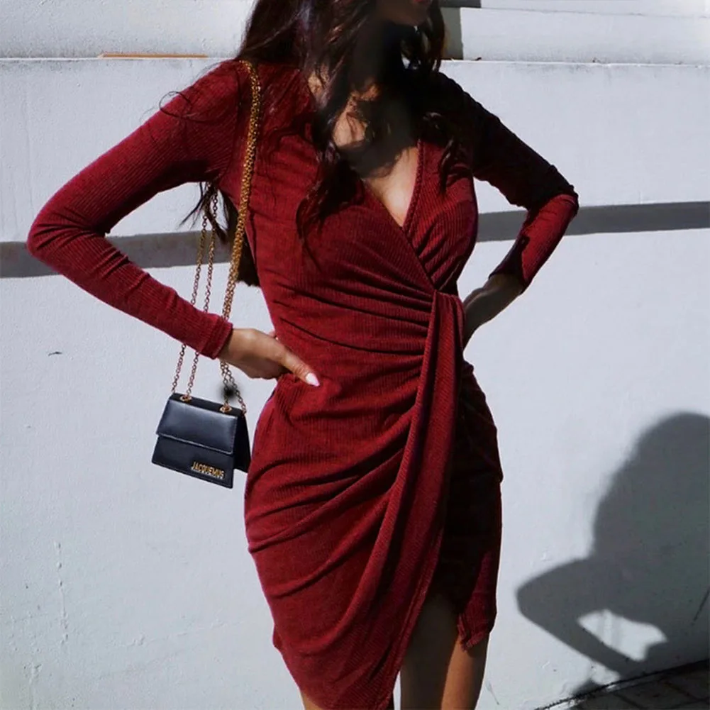 Bikitique трикотажное сексуальное платье с глубоким v образным вырезом и длинным