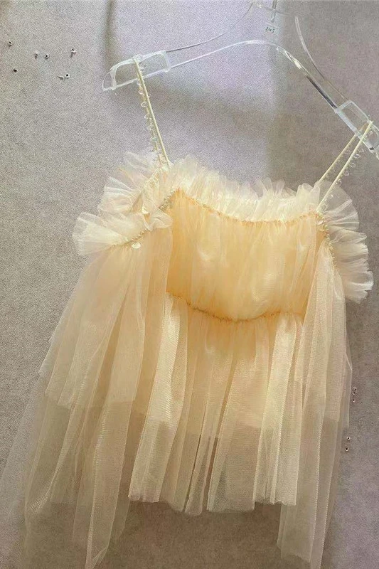 

Sexy Slimming New Sweet Super Fairy Mesh Beading Solid Color Camisole Female Off-Shoulder Ruffled Irregular Strap Vest