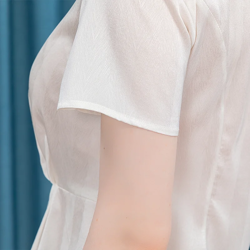 

VOA 19m/m Satin Silk Elastic Round Neck Short Sleeve Yuke Pleated White T-shirt BE128 T Shirt Women Befree Harajuku