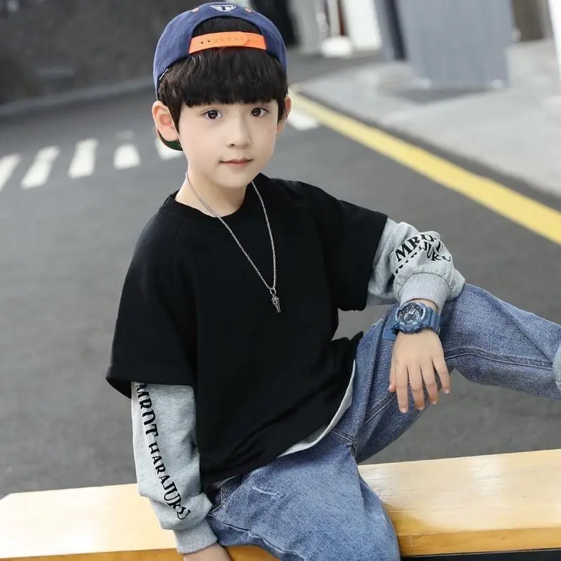 

Spring Autumn Boys Street Style T-shirt Children Solid Color Patchwork Sweatshirt Teenager Casual Fashion Pullover Kids Sweaters