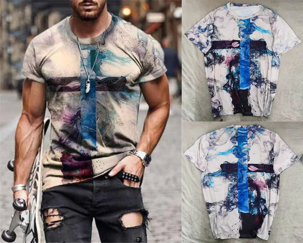 

Men's Casual Short-Sleeved T-Shirt Retro Oversized Clothing Harajuku Ethnic Print O-Neck Summer New Style 2021 Abstract Fashion