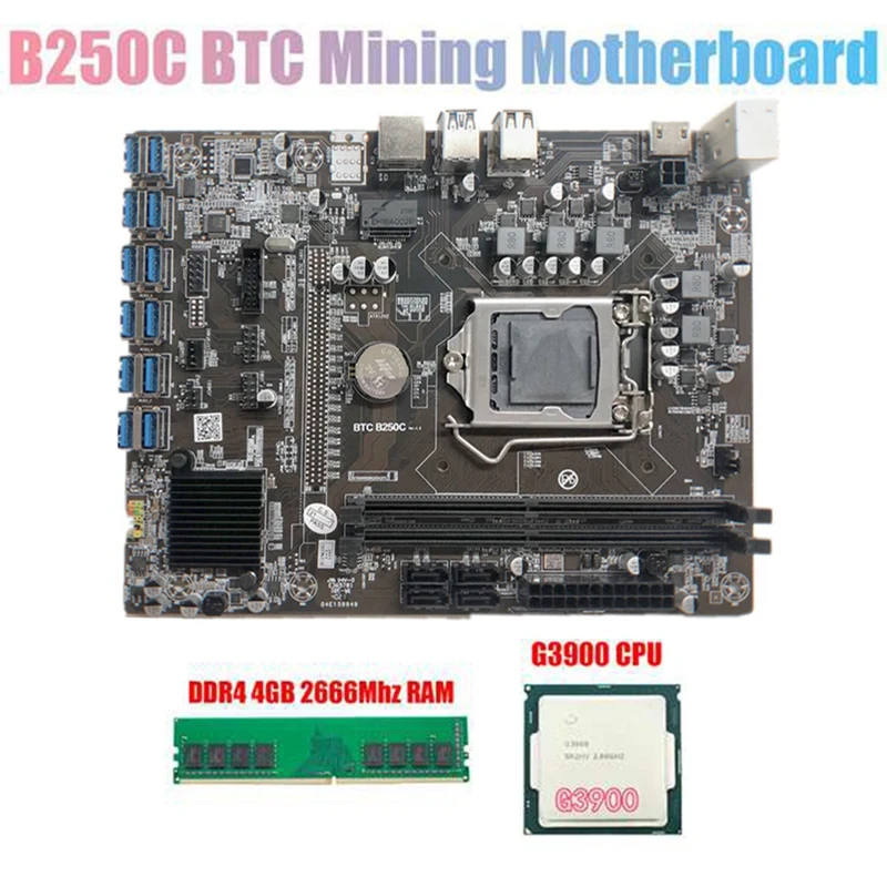 

Материнская плата B250C для майнинга BTC с процессором G3900 + DDR4 4 Гб 2666 МГц ОЗУ 12xpcie на USB3.0 слот для карты LGA1151 для майнинга BTC