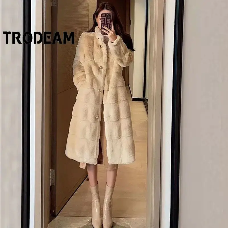

Женское шерстяное пальто на заказ TRODEAM, зимнее толстое длинное пальто из искусственного меха норки и плюша, мягкое теплое пальто, новинка 2021